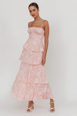 Vestido largo Provence Bloom con volantes y jacquard rosa