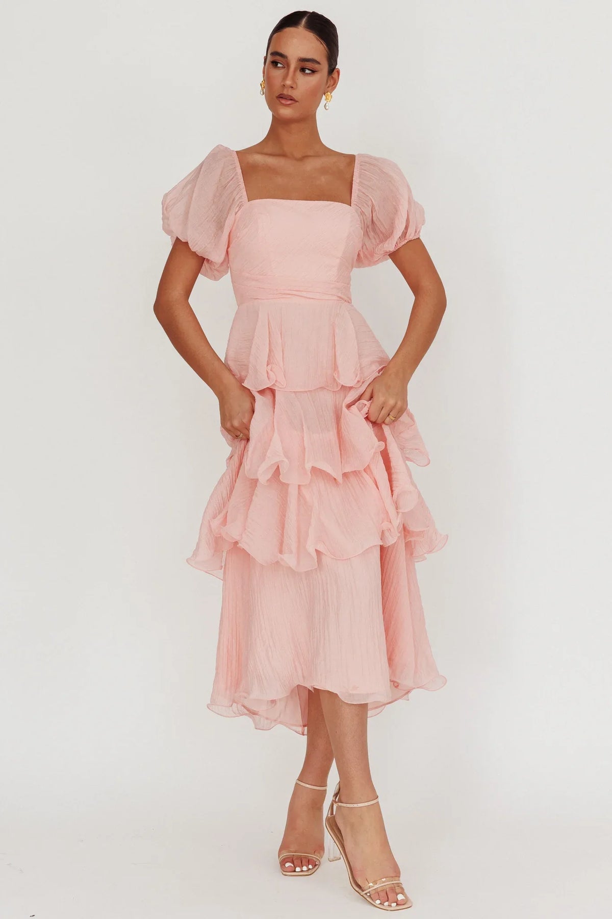Vestido Longo Giavana em Camadas com Mangas Bufantes Rosa Bebê