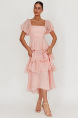 Vestido Longo Giavana em Camadas com Mangas Bufantes Rosa Bebê