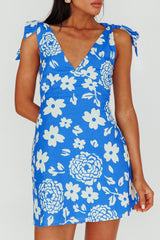 Minivestido con hombros atados Mykonos Morning con estampado floral Ocean