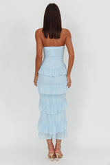 Vestido Maxi Azul com Babados e Decote Coração Dulce Dreams