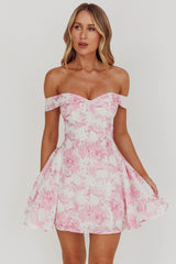 Vestido Curto Ombro a Ombro Floral Rosa