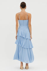 Vestido Renda Floral Com Babados Em Camadas Rose Garden Azul