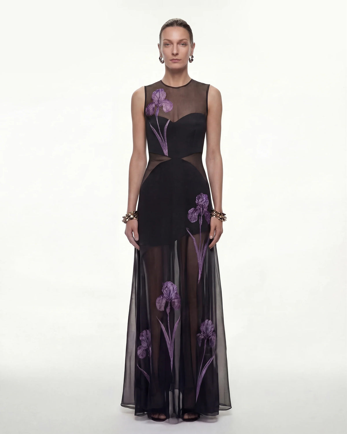 Sheer Floral Print Paneled Maxi Dress - Black