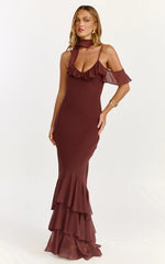 Riley Maxi Dress - Asymmetric Ruffle Detail Maxi Dress in Chocolate