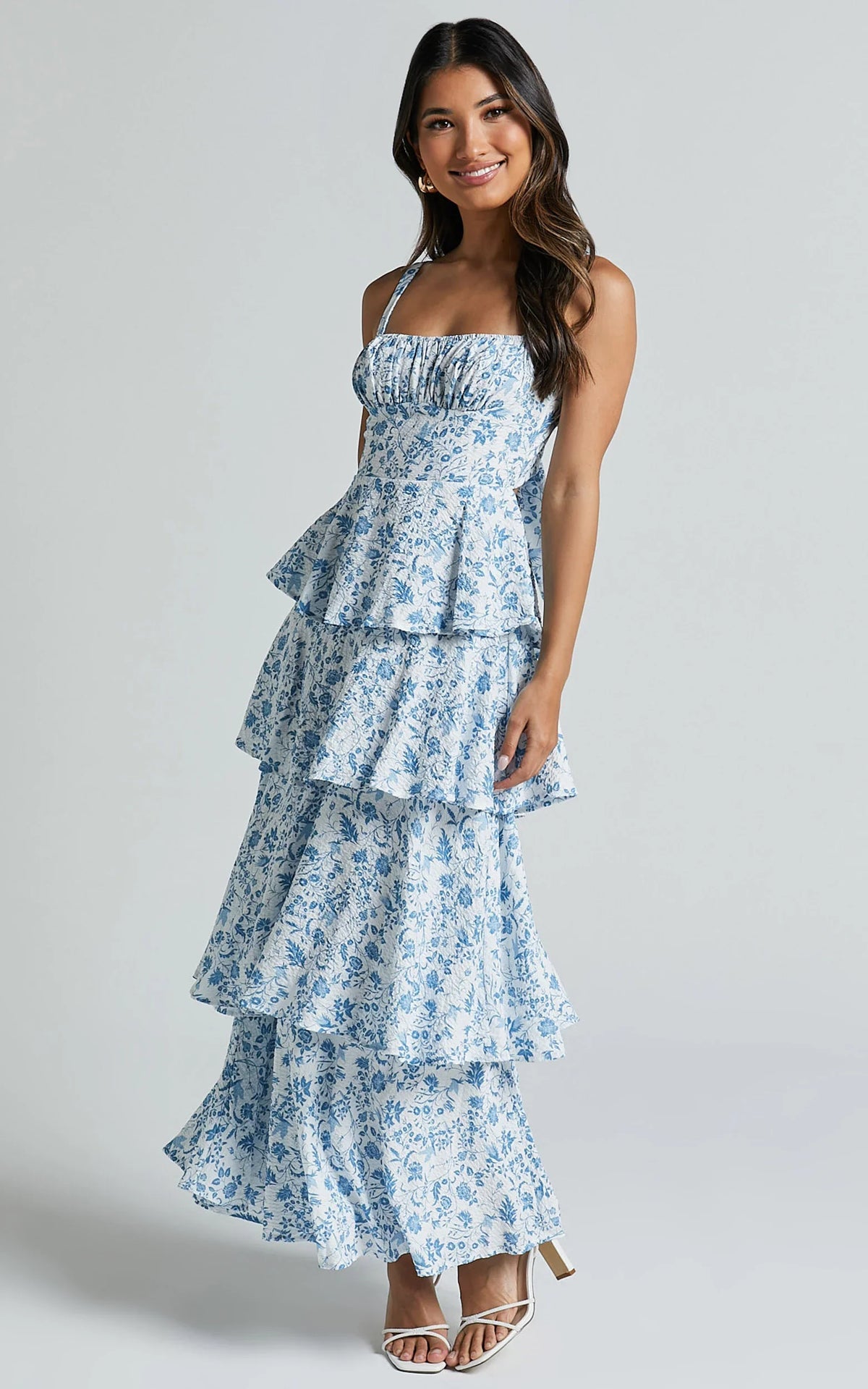Vestido Midi Lorma - Vestido Drapeado en Capas Azul Floral