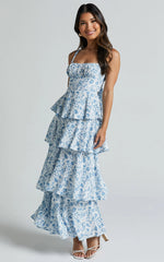 Vestido Midi Lorma - Vestido Drapeado en Capas Azul Floral