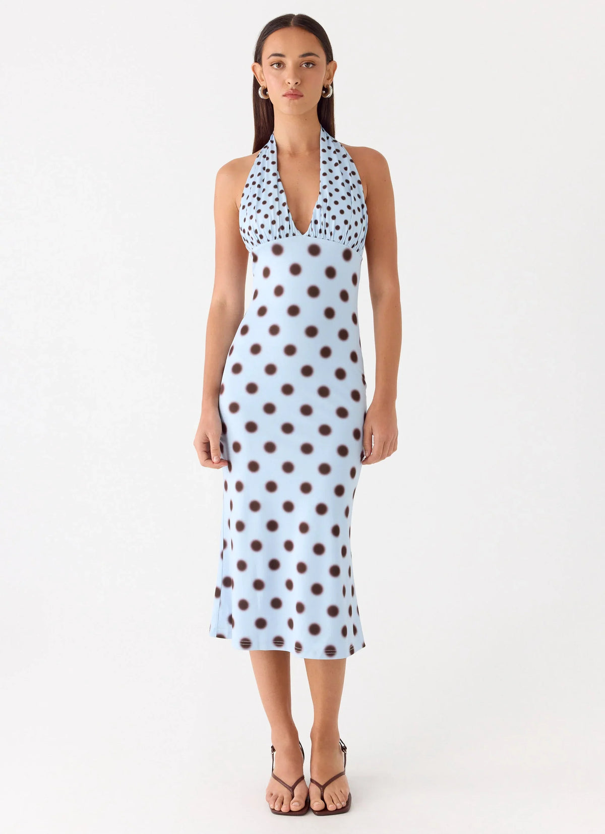 Vestido Awuku Midi - Poá Mocha Azul