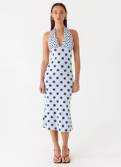 Vestido Awuku Midi - Poá Mocha Azul