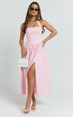 Vestido Helda Midi - Vestido com Painel de Corset e Amarração Halter Rosa