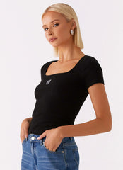 Top escote cuadrado con monograma distintivo - Negro