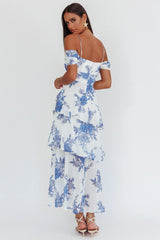Vestido Longo Veda Ombro a Ombro Floral Azul