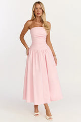 Louisa Maxi Dress - Strapless Side Ruched Dropped Waist Fit And Flare Dress in Pink