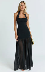 Vestido largo Barbara - Vestido de georgette en contraste con cuello halter y escote redondo en negro