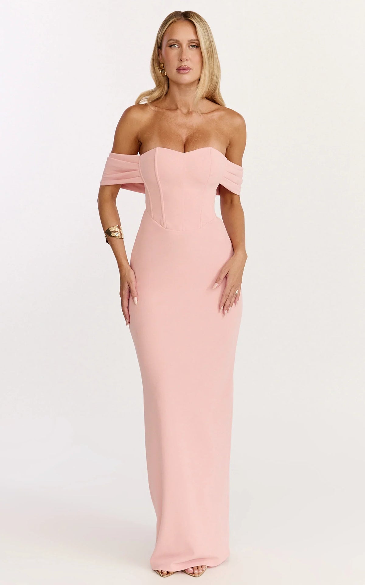 Karina Maxi Dress - Off Shoulder Corset Bodice Lace Up Back Dress in Pink