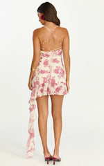Minivestido Lila - Vestido con Cuello Redondeado y Falda Fruncida Asimétrica con Estampado Toile De Jouy