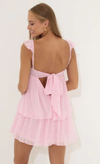 Vestido Ruffle de Chiffon Poá em Rosa