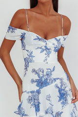 Vestido Longo Veda Ombro a Ombro Floral Azul