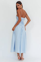 Vestido largo Seraphine con adornos florales, azul