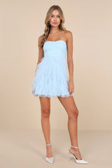 Mini Vestido Tomara que Caia Franzido de Tule Azul Claro Charming Beauty