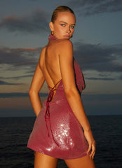 Minivestido con cuello desbocado de lentejuelas Nora - Rojo