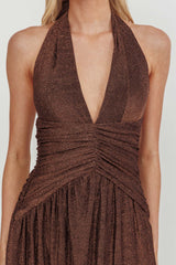 Vestido longo com cintura franzida Italia Azure Shimmer Chocolate