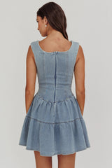 Minivestido Jeans Decote Quadrado Profundo
