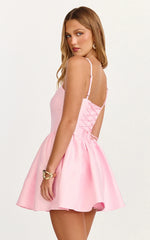 Louisa Mini Dress - Boned Bodice Lace Up Back Dress in Soft Pink