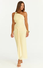 Vestido Midi Mandy - Vestido de Malla con Aberturas y Detalle de Nudo en Color Limón