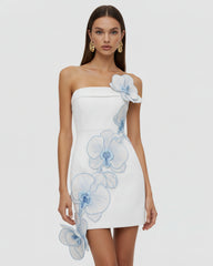 Orchid Embroidered Floral Appliqué Strapless Mini Dress - White Blue