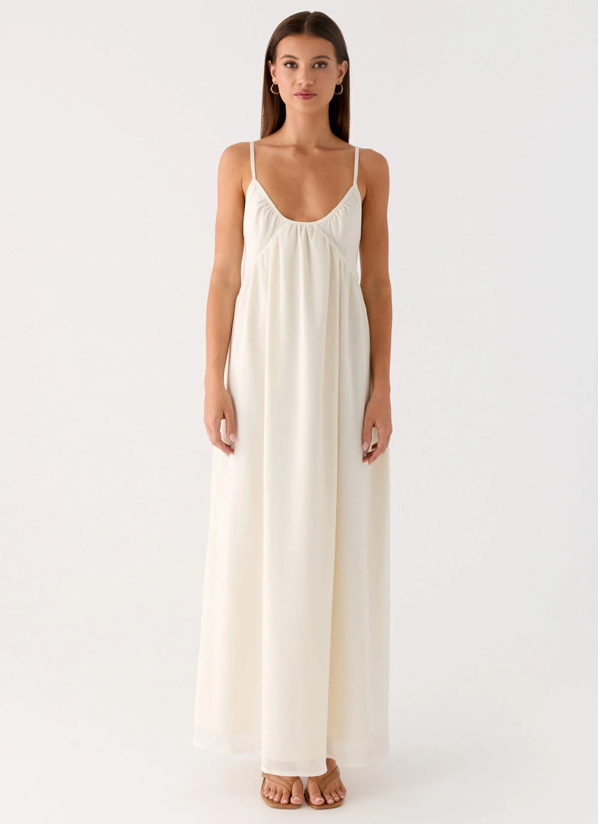 Vestido maxi de chifón ligero con cuello redondo - Blanco