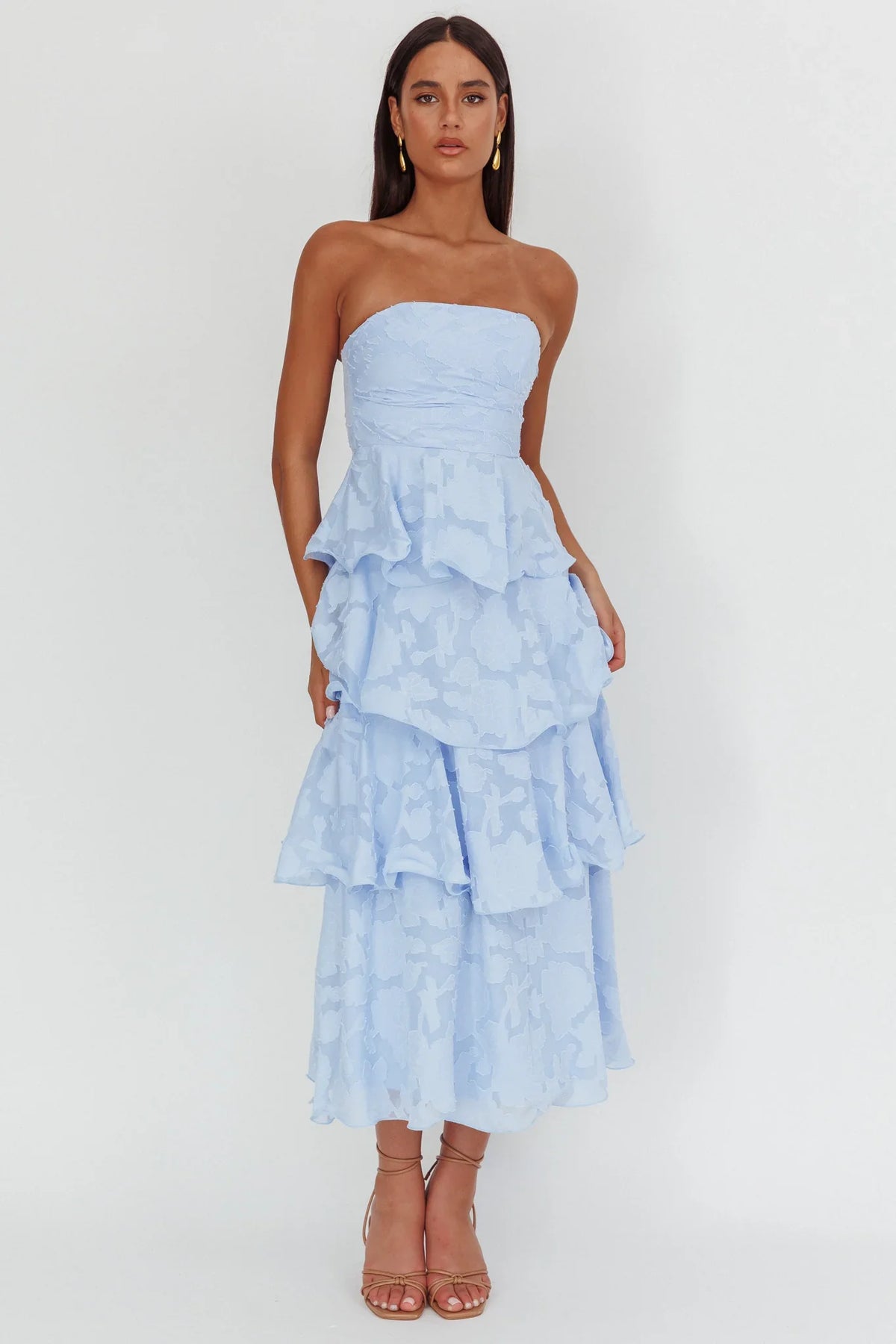 Vestido Midi Giavana sem Alças com Camadas Relevo Floral Azul