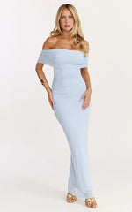 Caterina Maxi - Ruched Off Shoulder Mesh Dress in Pale Blue