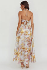 Vestido maxi floral Onika con aberturas y lazo en la espalda, amarillo