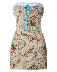 Minivestido Dana Jacquard Sin Tirantes con Ribete Contraste Ajustado en Crema