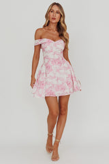Vestido Curto Ombro a Ombro Floral Rosa
