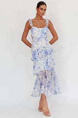 Vestido Longo Veda com Babados, Costas de Tiras e Estampa Floral Azul