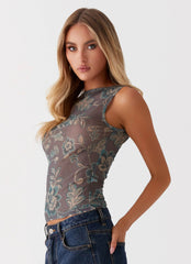 Top de malla Alana - Floral marrón