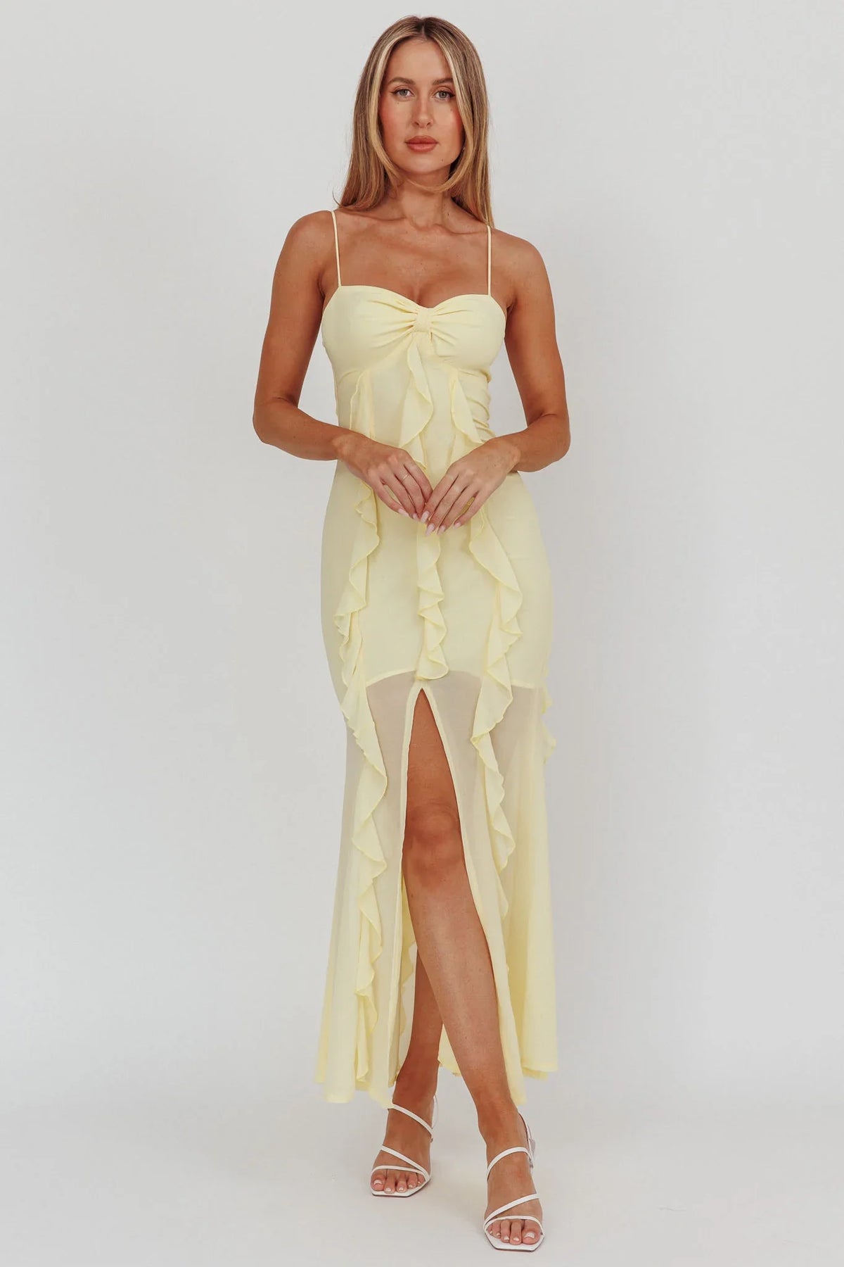Vestido largo Frannie con volantes verticales color limón