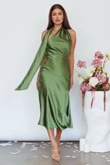 Vestido midi italiano con cuello anudado color oliva