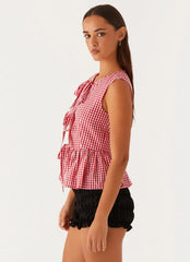 Top Cyrene con nudo - Cuadros vichy rojos