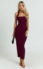 Salome Midi Dress - Halter Neck Column Dress in Wine