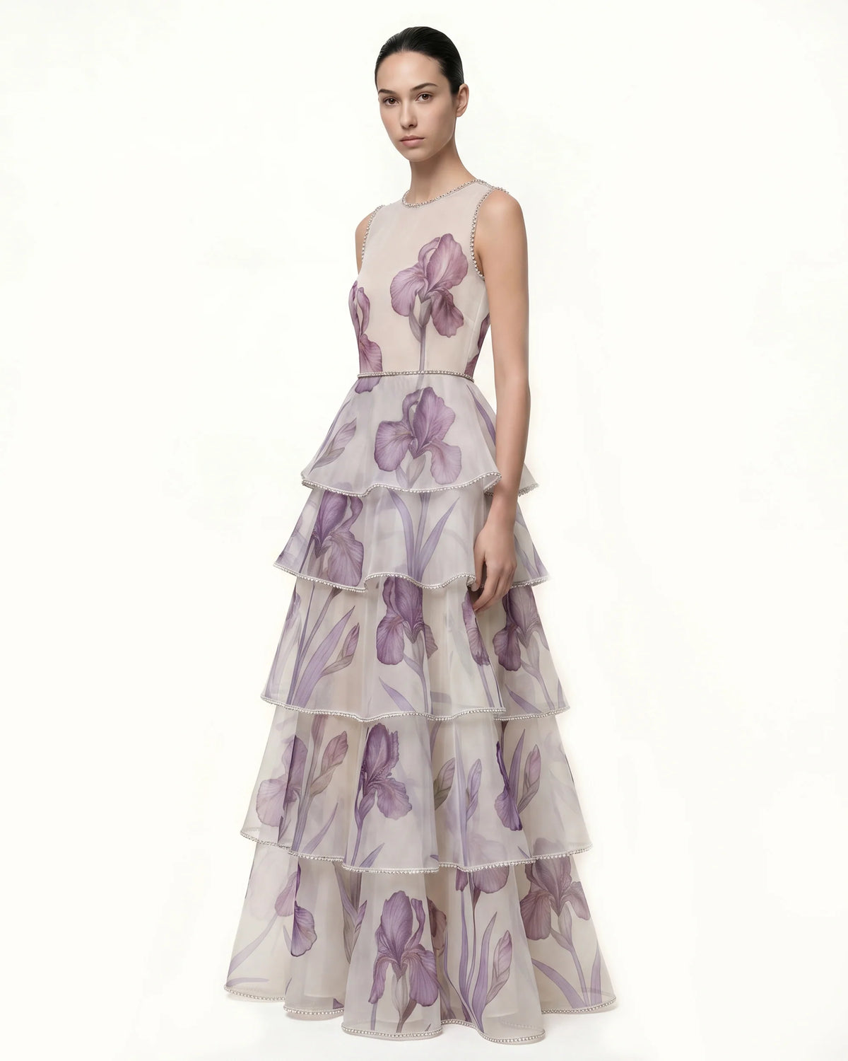 Jeweled-Trim Tiered Iris Print Organza Maxi Dress - White/Purple