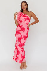 Vestido maxi Deanna con un hombro y volantes rosa floral