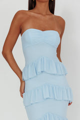 Vestido Maxi Azul com Babados e Decote Coração Dulce Dreams