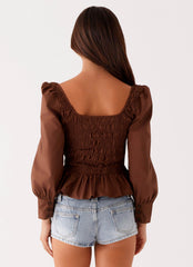 Blusa Joyce em Algodão com Mangas Longas e Detalhes Franzidos - Chocolate