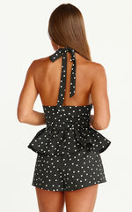 Top Seraphina - Top Peplum con Cuello en V y Estampado de Lunares en Negro