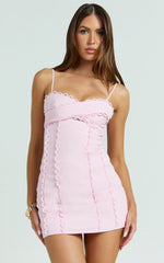 Vestido Gigi Mini de Lino - Vestido con Detalle de Vieira en la Espalda y Escote Corazón en Rosa