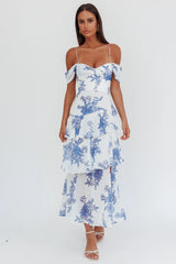Vestido Longo Veda Ombro a Ombro Floral Azul