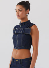 Top Greedy Denim con Hebilla - Índigo